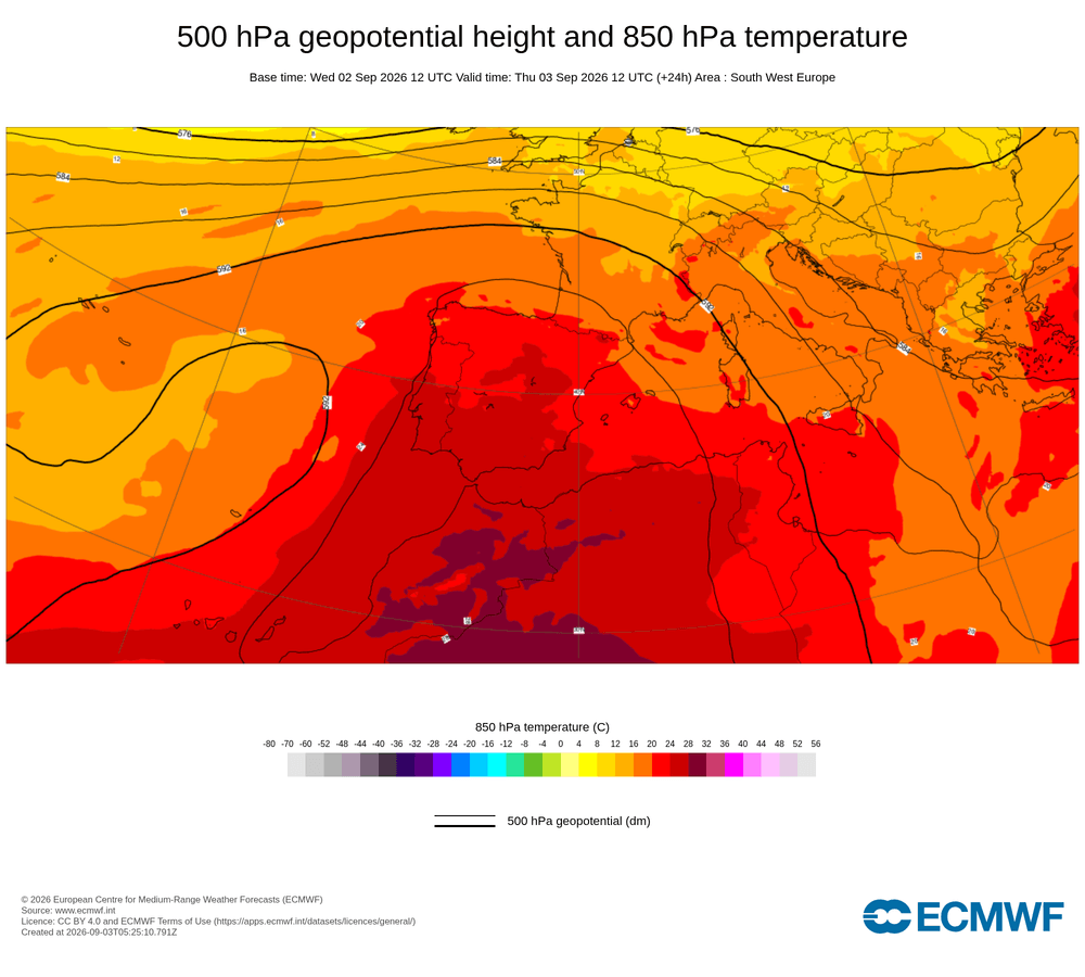 Geopotencial a 500 hPa i temperatura a 850 hPa: dorsal càlida subtropical amb impuls d'aire calent en alçada.