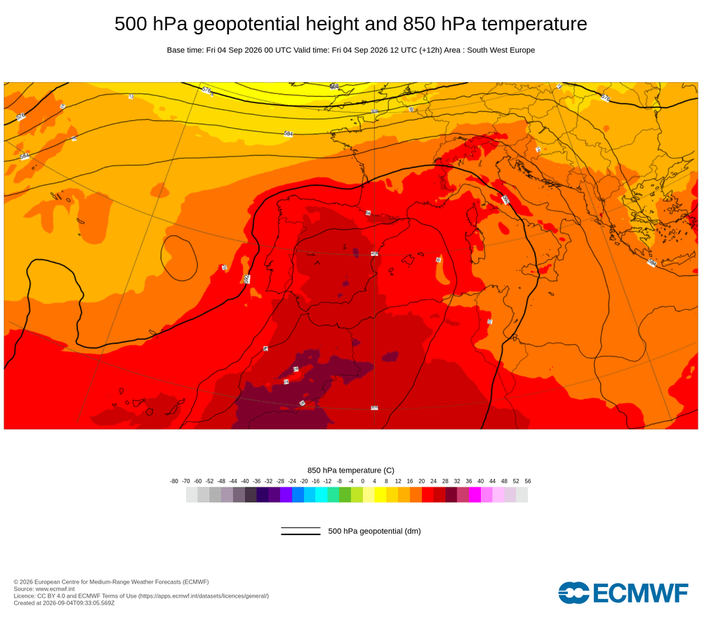 Geopotencial a 500 hPa i temperatura a 850 hPa: dorsal càlida en alçada amb advecció subtropical.