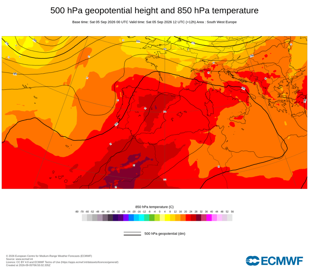 Geopotencial a 500 hPa i temperatura a 850 hPa: dorsal càlida subtropical amb intrusió de massa d'aire africà.