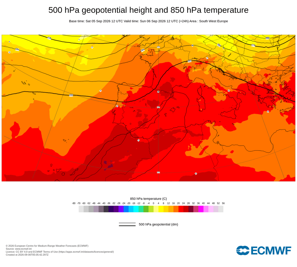 Geopotencial a 500 hPa i temperatura a 850 hPa: dorsal subtropical amb advecció de massa d'aire càlid.
