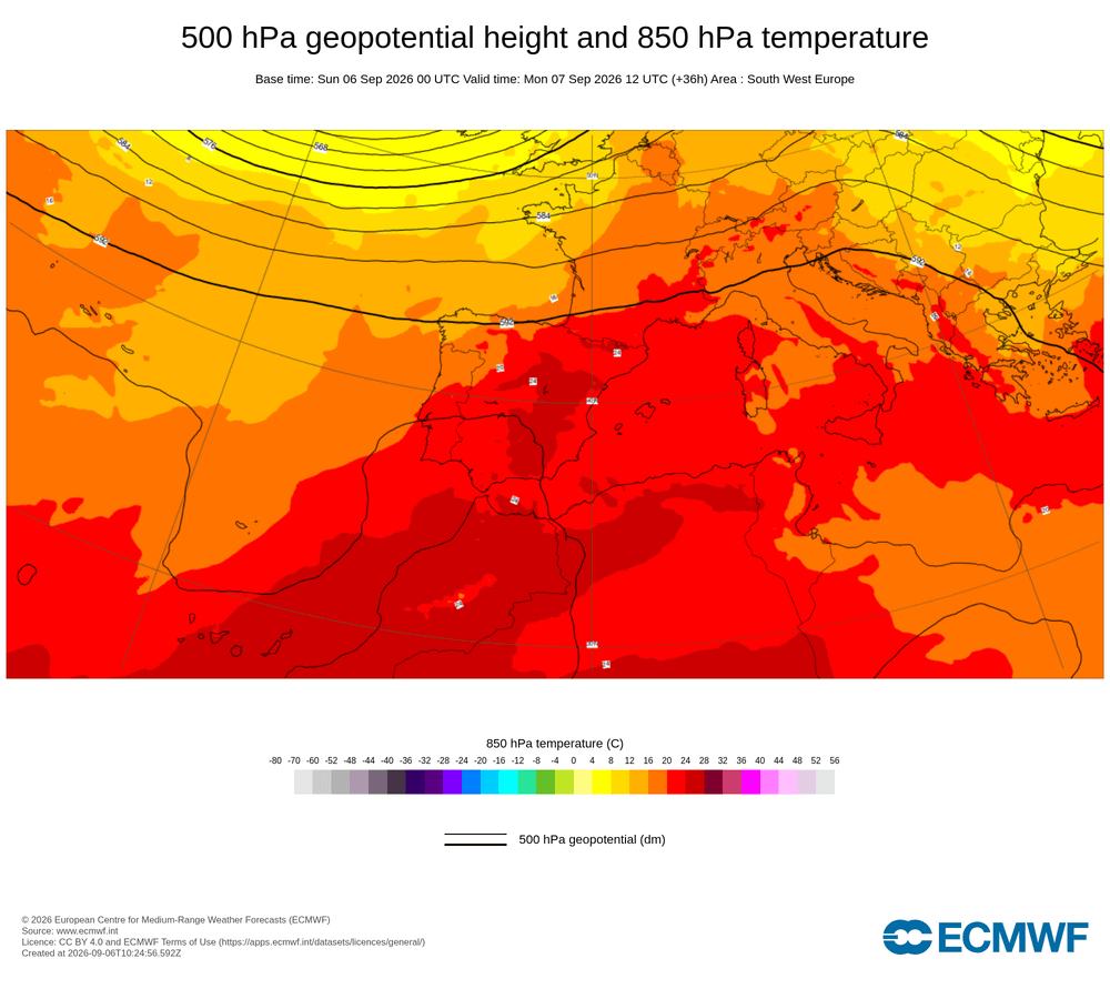 Geopotencial a 500 hPa i temperatura a 850 hPa: dorsal càlida subtropical amb irrupció de massa d'aire africà.