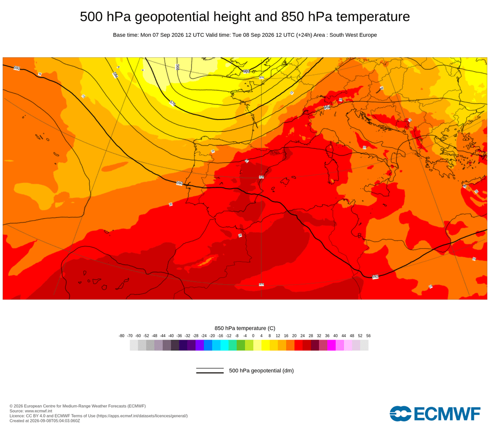 Geopotencial a 500 hPa i temperatura a 850 hPa: dorsal subtropical amb advecció de massa d'aire càlid des del sud.